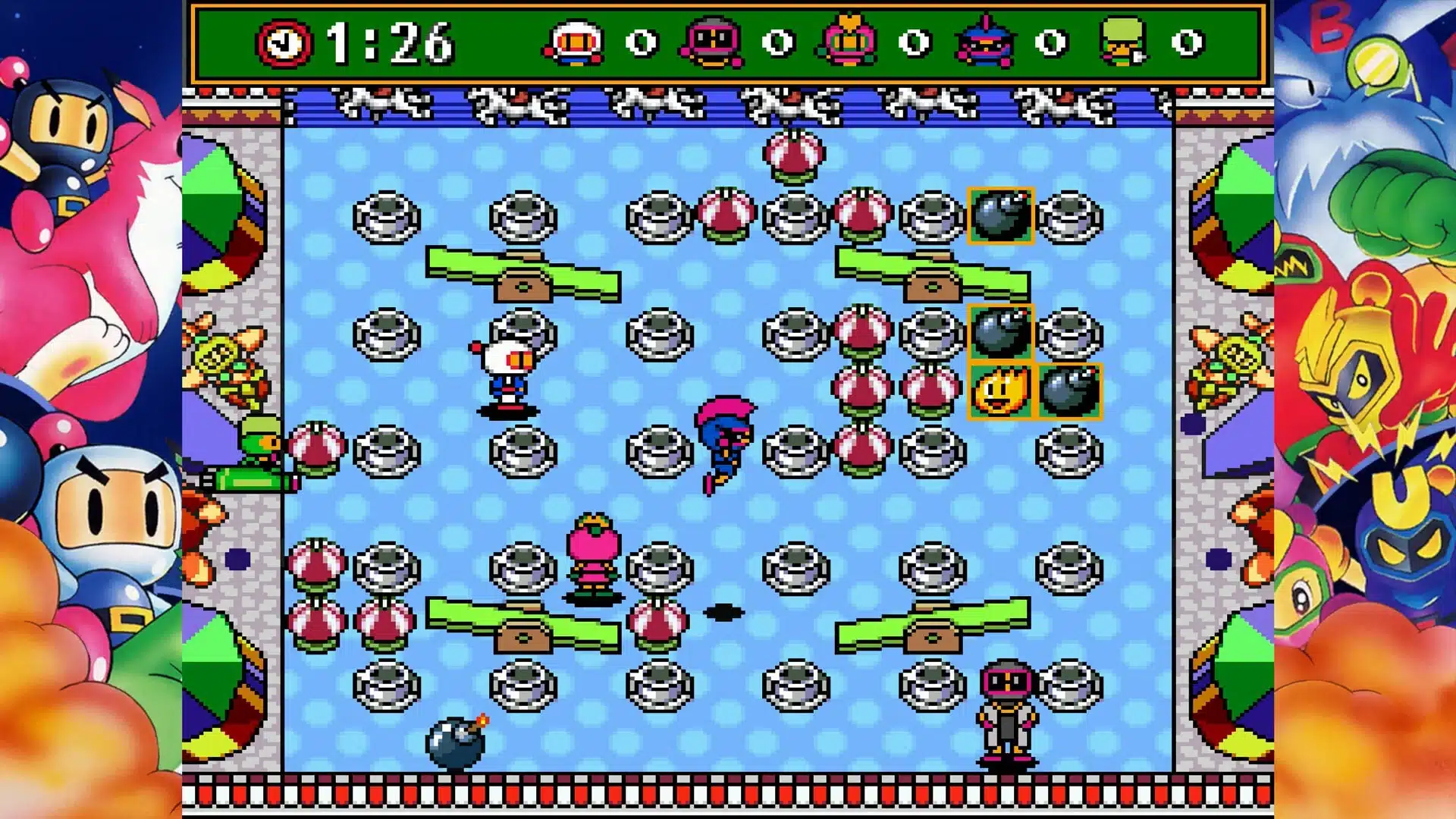 Ein offizieller Screenshot aus dem Videospiel Super Bomberman Collection mit verschiedenen Bomberman-Charakteren.
