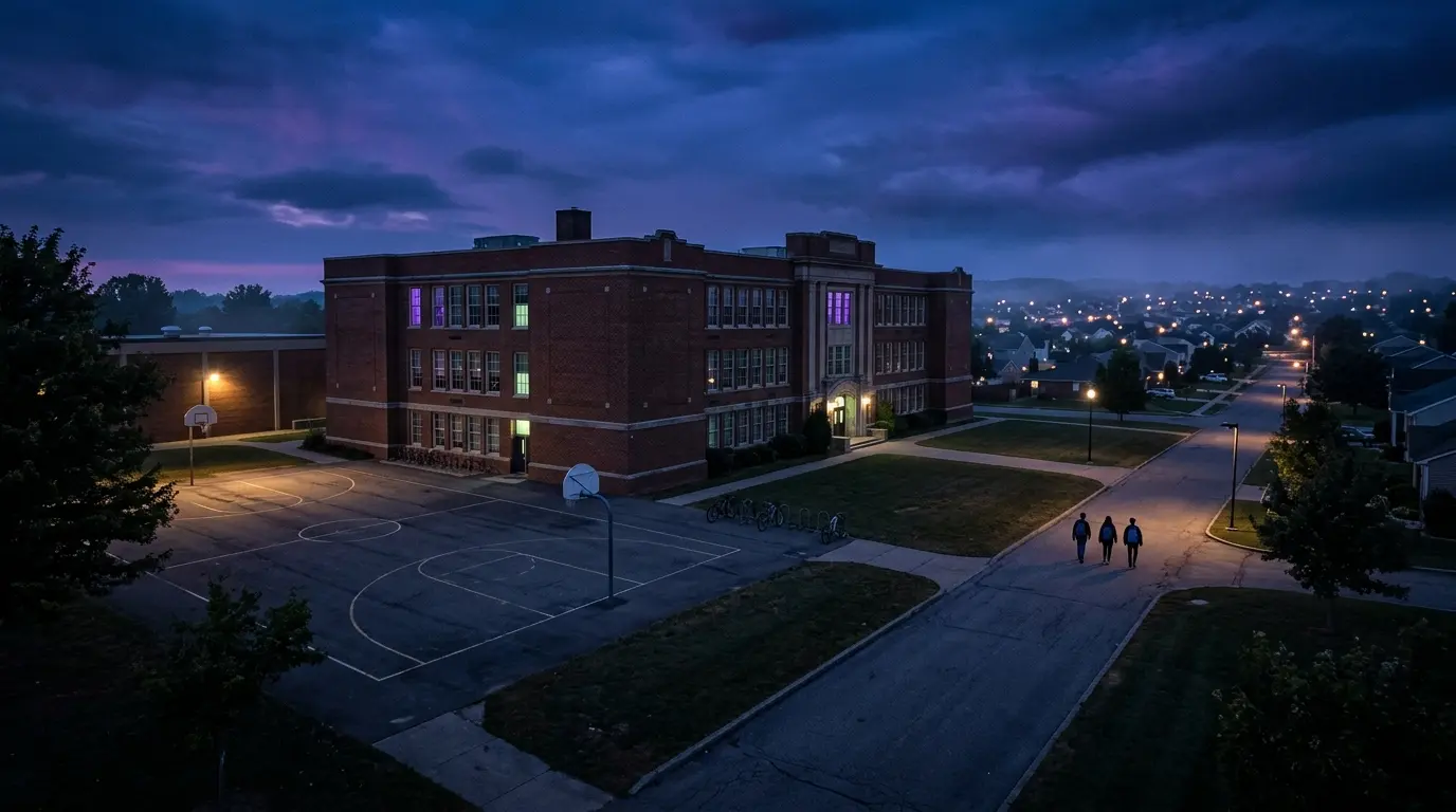 Cinematic view of a high-school campus and town in the open-world adventure Agefield High
