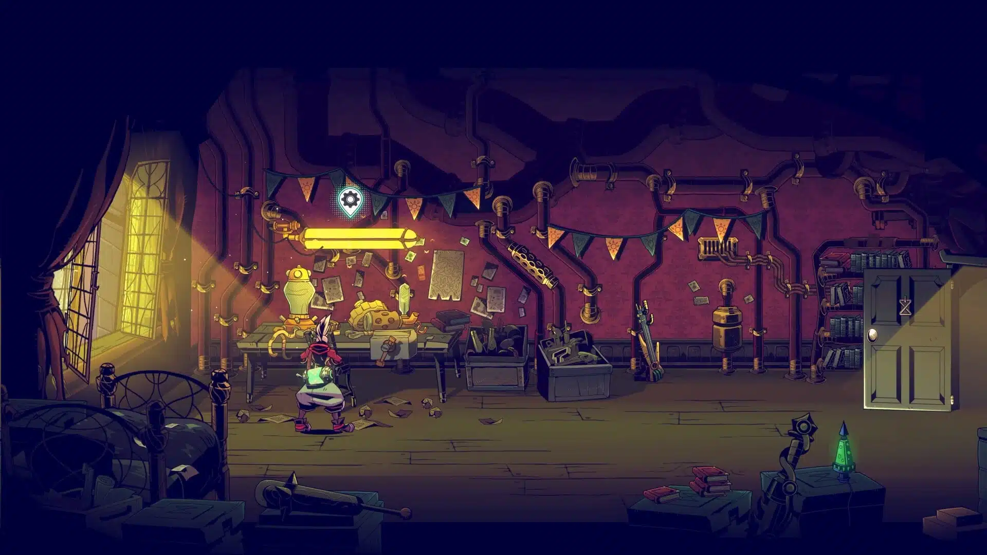 Ein Screenshot aus dem Spiel CONVERGENCE: A League of Legends Story, der eine detaillierte Werkstatt zeigt.