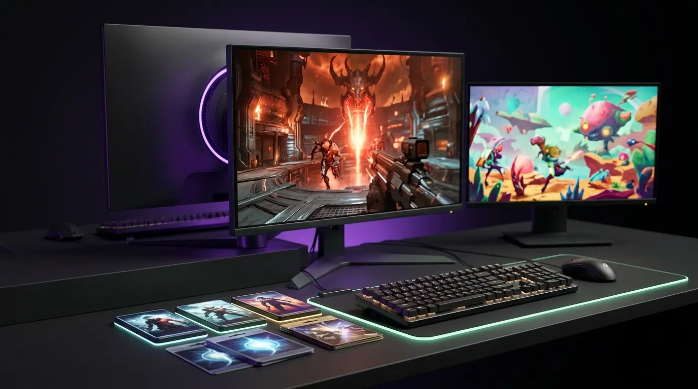 Gaming-PC mit leuchtender Spielebibliothek und Sci-Fi-Szenen für Amazon Lunas September-Angebot