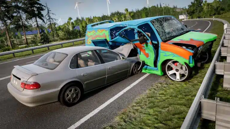 Ein silbernes Auto und ein bunt bemalter Transporter nach einer Kollision auf einer Straße in BeamNG.drive.