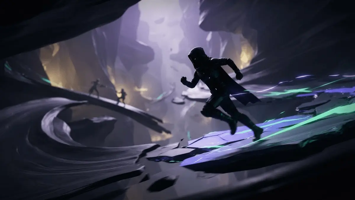 Dynamische Szene aus der Traumwelt von Shape of Dreams mit violetten Energieeffekten auf der PS5