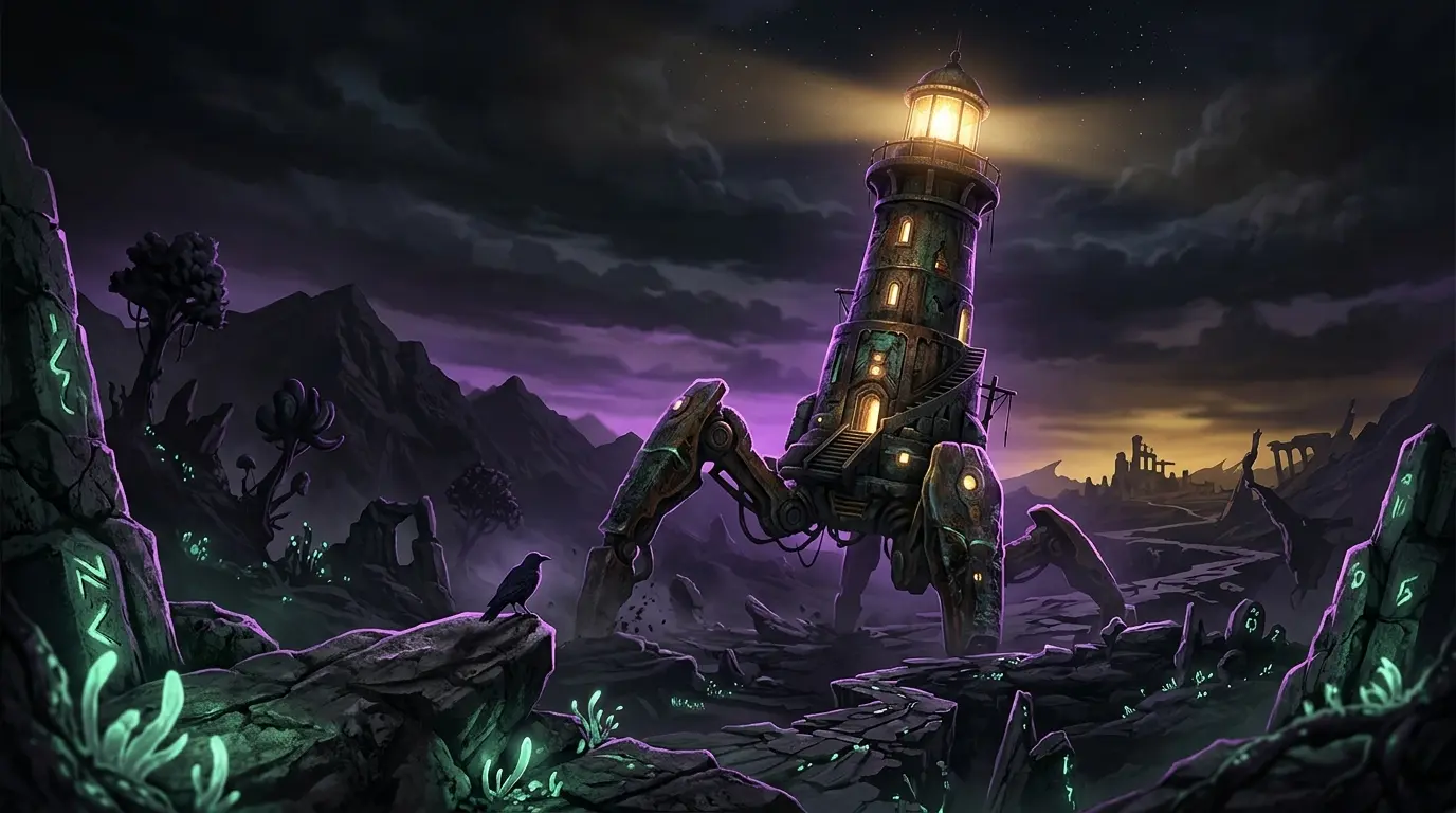 Surreal living lighthouse and bird exploring a dreamlike apocalyptic world in Keeper