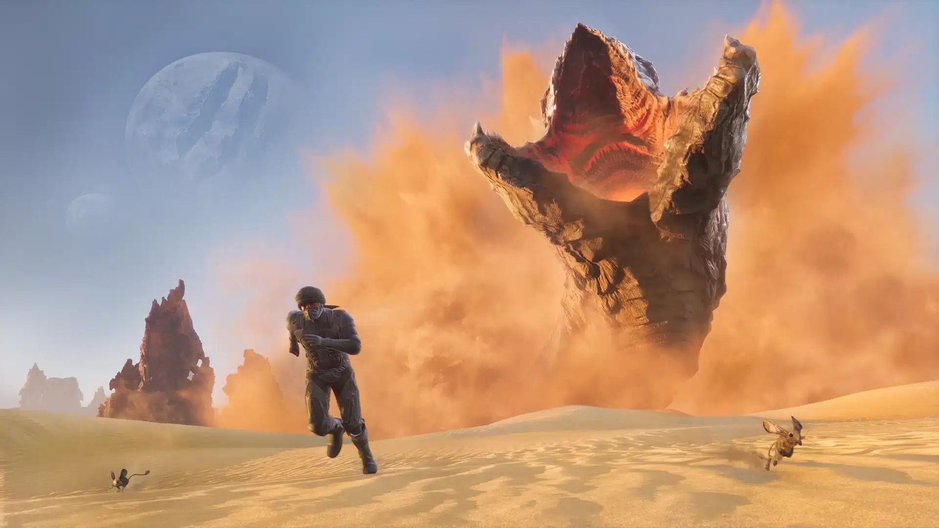 Eine Person in einem Anzug flieht vor einer riesigen Sandwurm-Kreatur in einer Wüstenlandschaft aus Dune: Awakening.