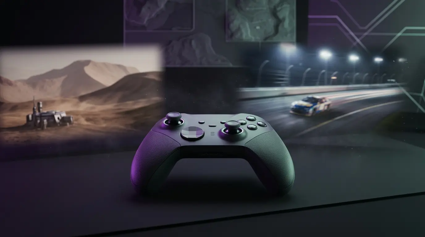 Xbox-Controller vor Wüstenplanet und Rennstrecke als Symbol für die Spiele-Releases vom 14. bis 18. September