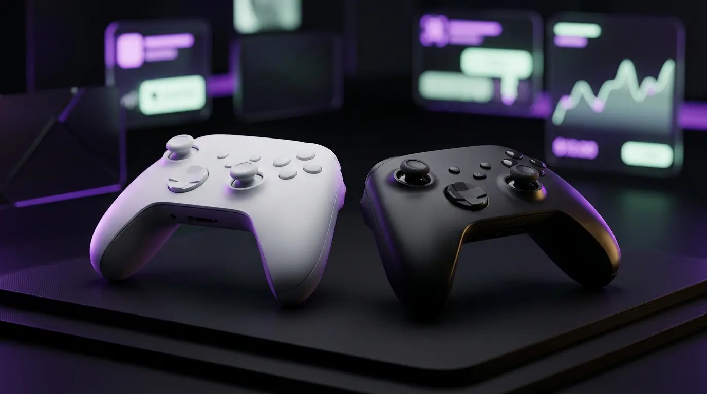 Limitierte schwarze und weisse GTA-6-Controller mit violetter Beleuchtung in einer angespannten Wiederverkaufs-Szene