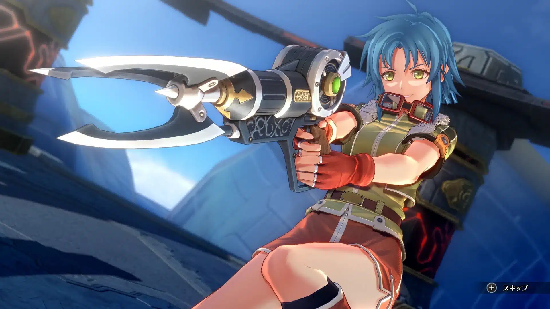 Ein Screenshot aus Trails in the Sky 2nd Chapter mit einem weiblichen Charakter, der eine große Waffe hält.