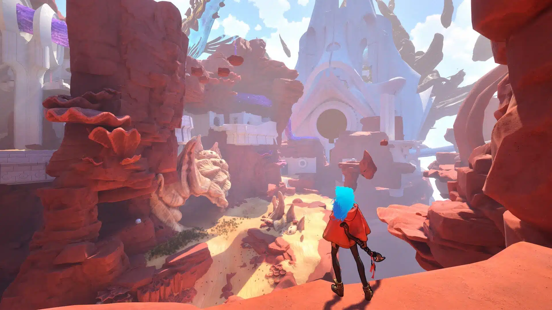 Ein Screenshot aus dem Videospiel Fading Echo, der eine Figur mit blauen Haaren in einer surrealen roten Landschaft zeigt.