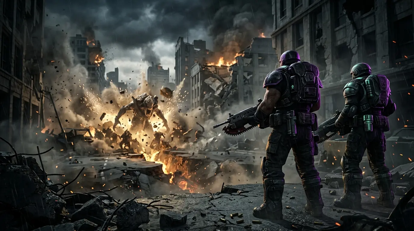 Dramatische Szene aus Gears of War: E-Day mit gepanzerten Soldaten vor einer zerstörten Stadt