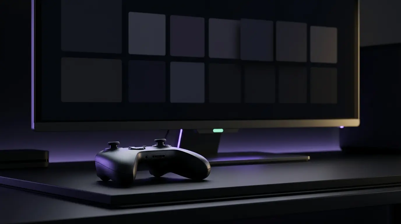 Controller vor einer abstrakten digitalen Spielebibliothek zum Xbox-Game-Pass-Katalogwechsel