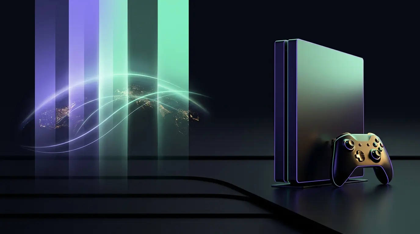 Gaming console illuminated by violet and mint light during a staggered worldwide release