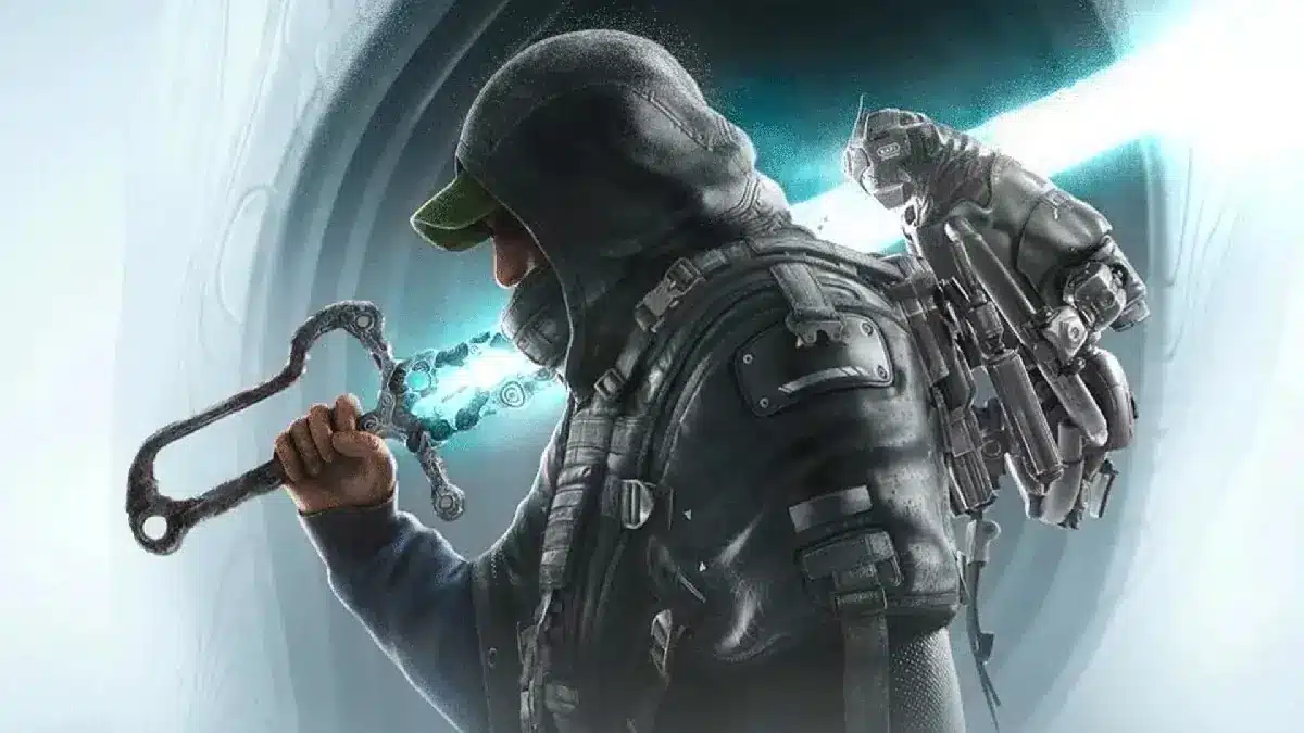 Ein Charakter aus dem Spiel Hell Is Us mit einer Maske, einem Rucksack und einer leuchtenden Waffe.