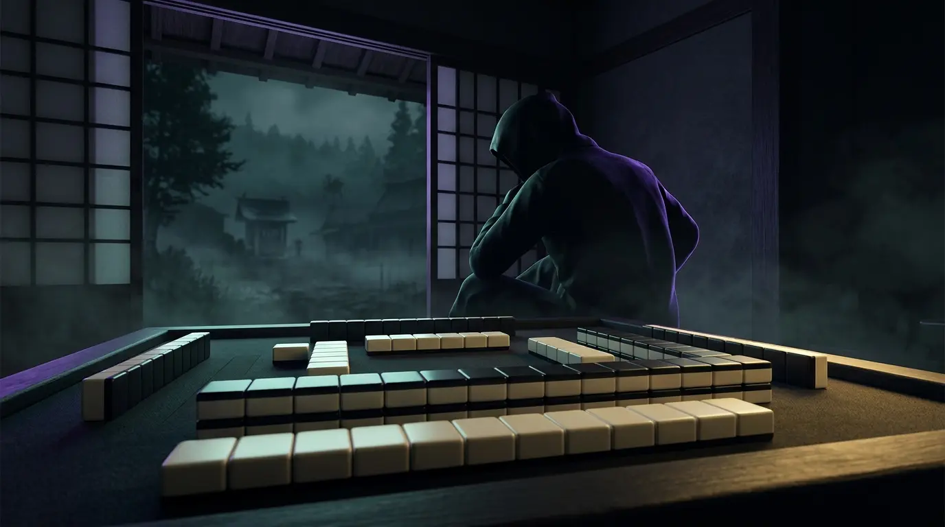 Düster beleuchteter Mahjong-Tisch in einer nebligen japanischen Dorfkulisse aus Higurashi Jong Remaster