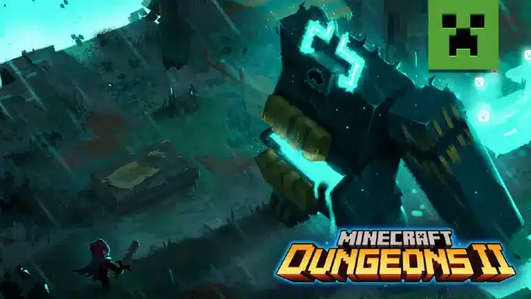 Offizielles Key Art von Minecraft Dungeons 2 mit einem großen Monster und dem Spiel-Logo.