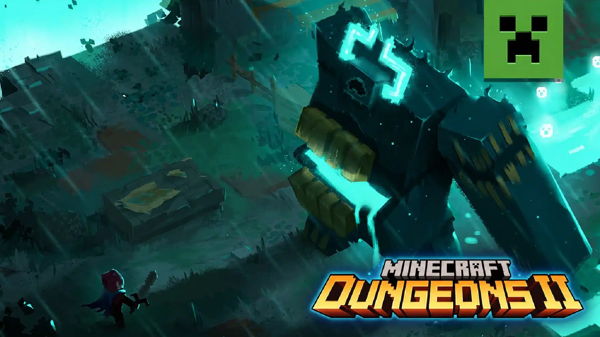 Offizielles Key Art von Minecraft Dungeons 2 mit einem großen Monster und dem Spiel-Logo.