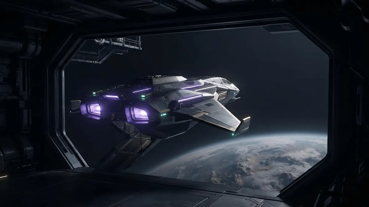 Futuristisches Raumschiff über einem fremden Planeten in Jump Space