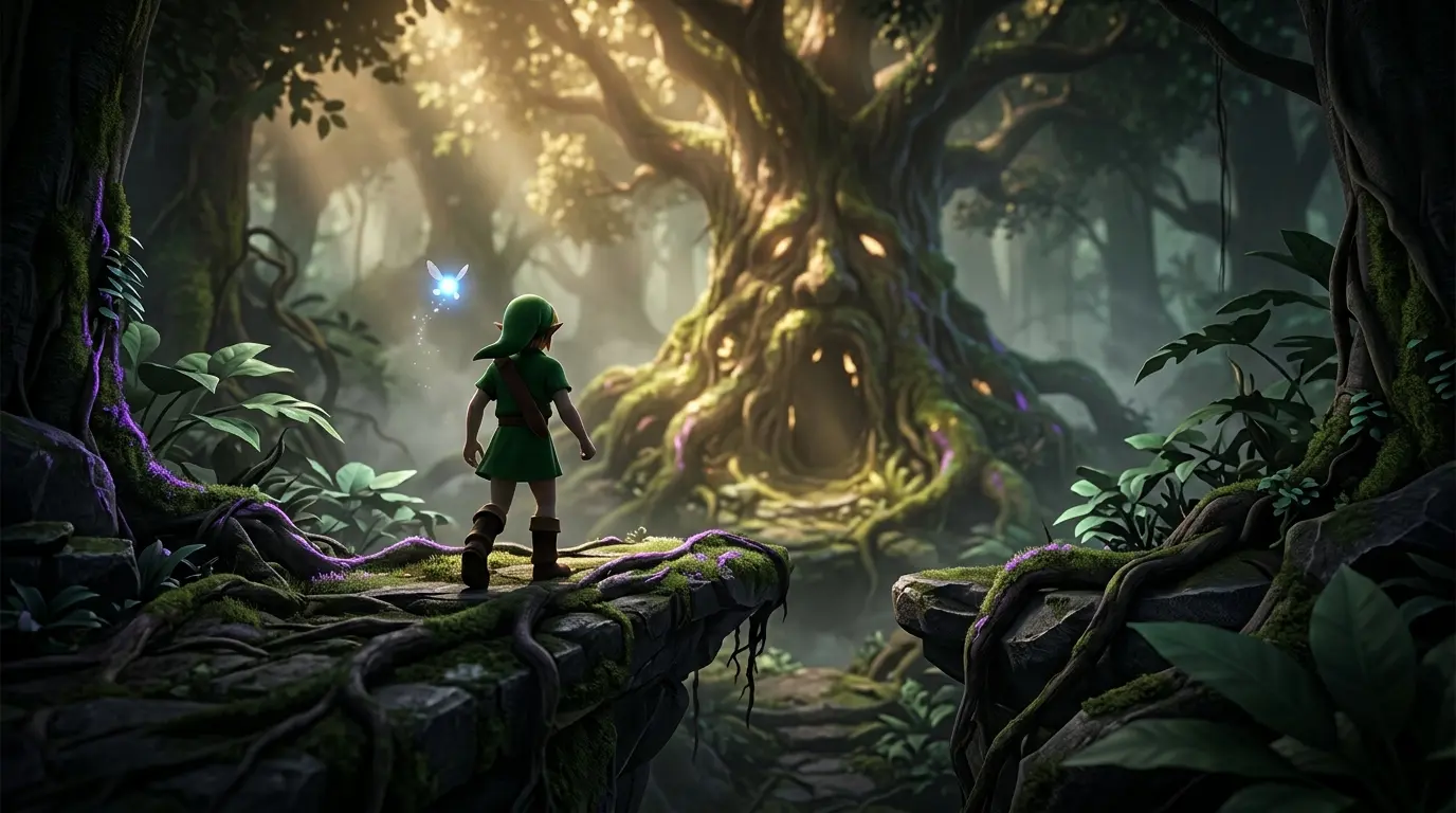 Junger Held im Kokiri-Wald vor dem Deku-Baum im Zelda-Remake
