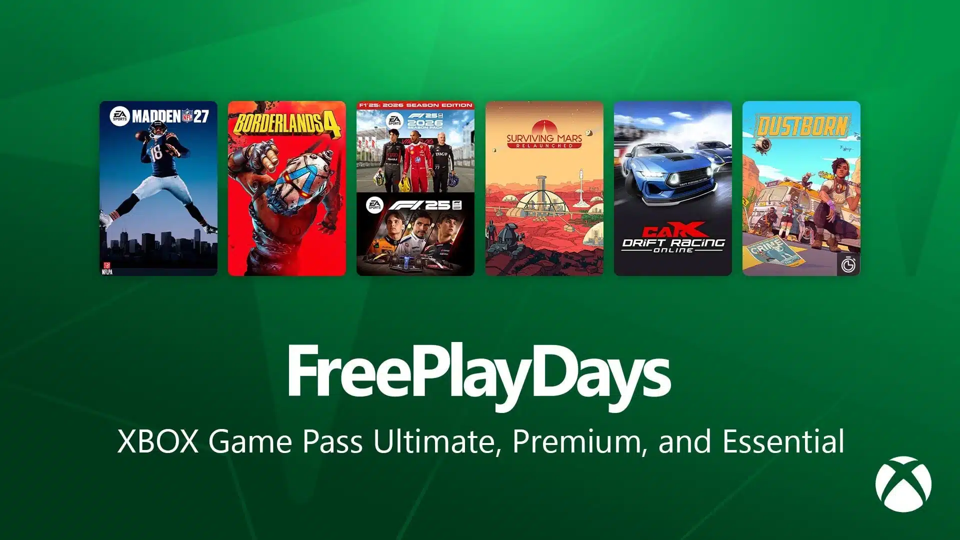 Xbox Free Play Days Grafik mit verschiedenen Spielcovern wie Madden NFL 27 und Borderlands 4 auf grünem Hintergrund.