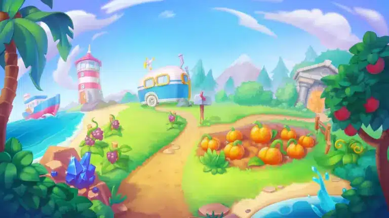 Eine bunte, stilisierte Landschaft aus dem Spiel Luma Island mit einem Wohnwagen, einem Leuchtturm und einem Kürbisfeld.
