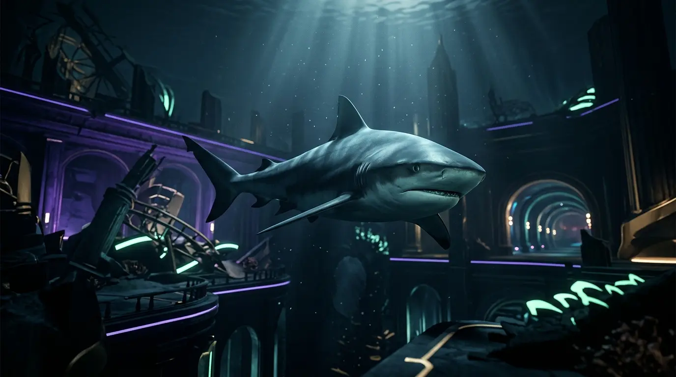 Bull shark swimming through the underwater ruins of Neptune’s Kingdom in Maneater 2