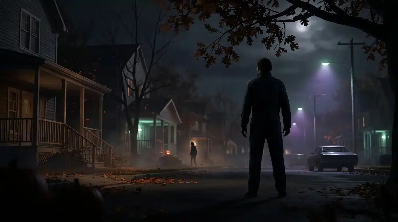 Düsterer Michael-Myers-Schatten in einer Haddonfield-Szene aus Halloween: The Game