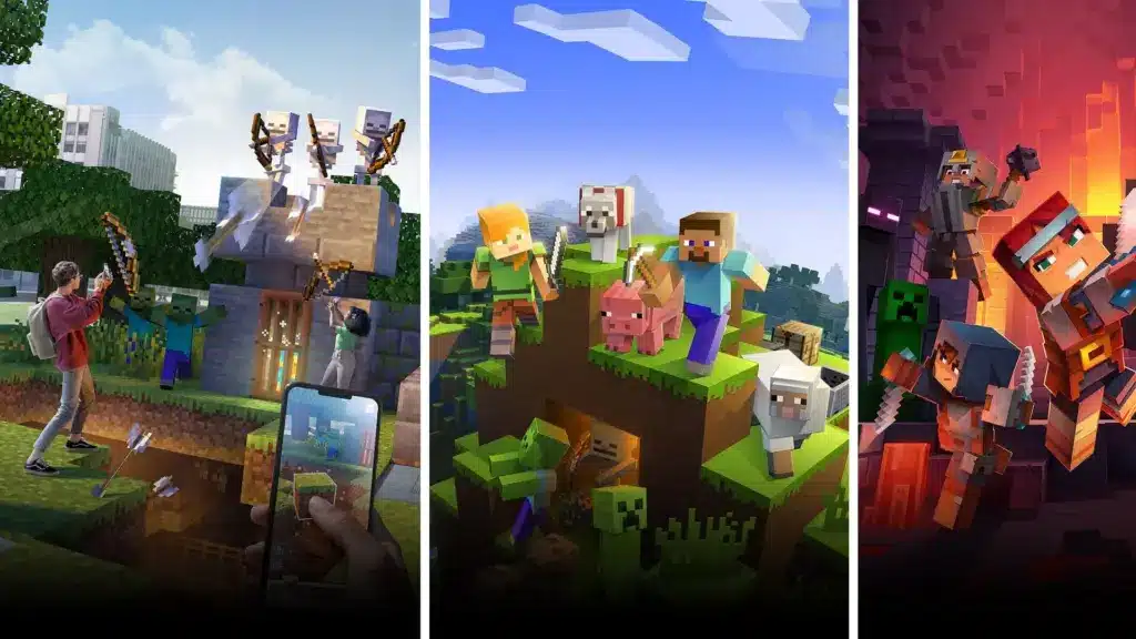 Eine Collage von Minecraft-Szenen mit Charakteren, Tieren und Monstern in der blockartigen Spielwelt.