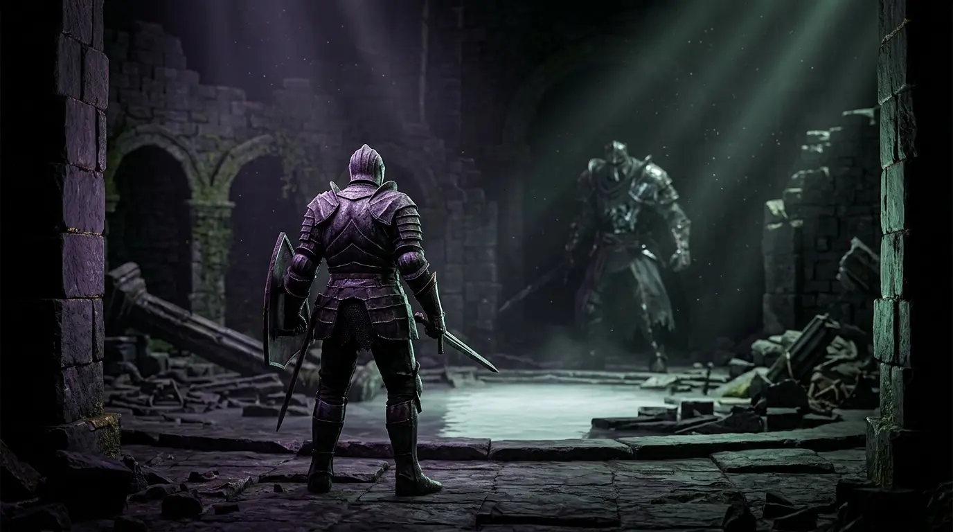 Armored Soulslike warrior faces a formidable enemy in a dark arena under adaptive purple and mint lighting