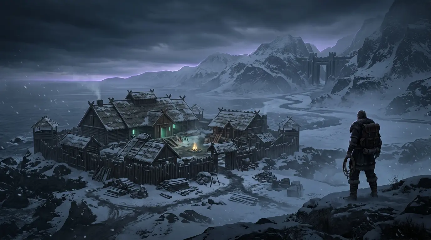 Cinematic Viking settlement in Valheim’s snowy Deep North, symbolizing continued development after version 1.0.