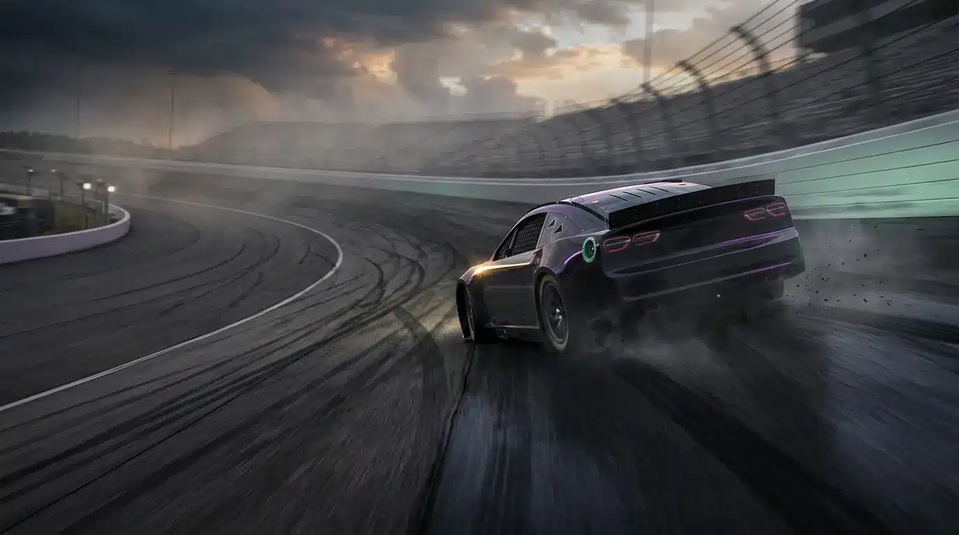 Stock-Car auf dynamisch wechselnder Rennstrecke bei dramatischem Licht in NASCAR 26