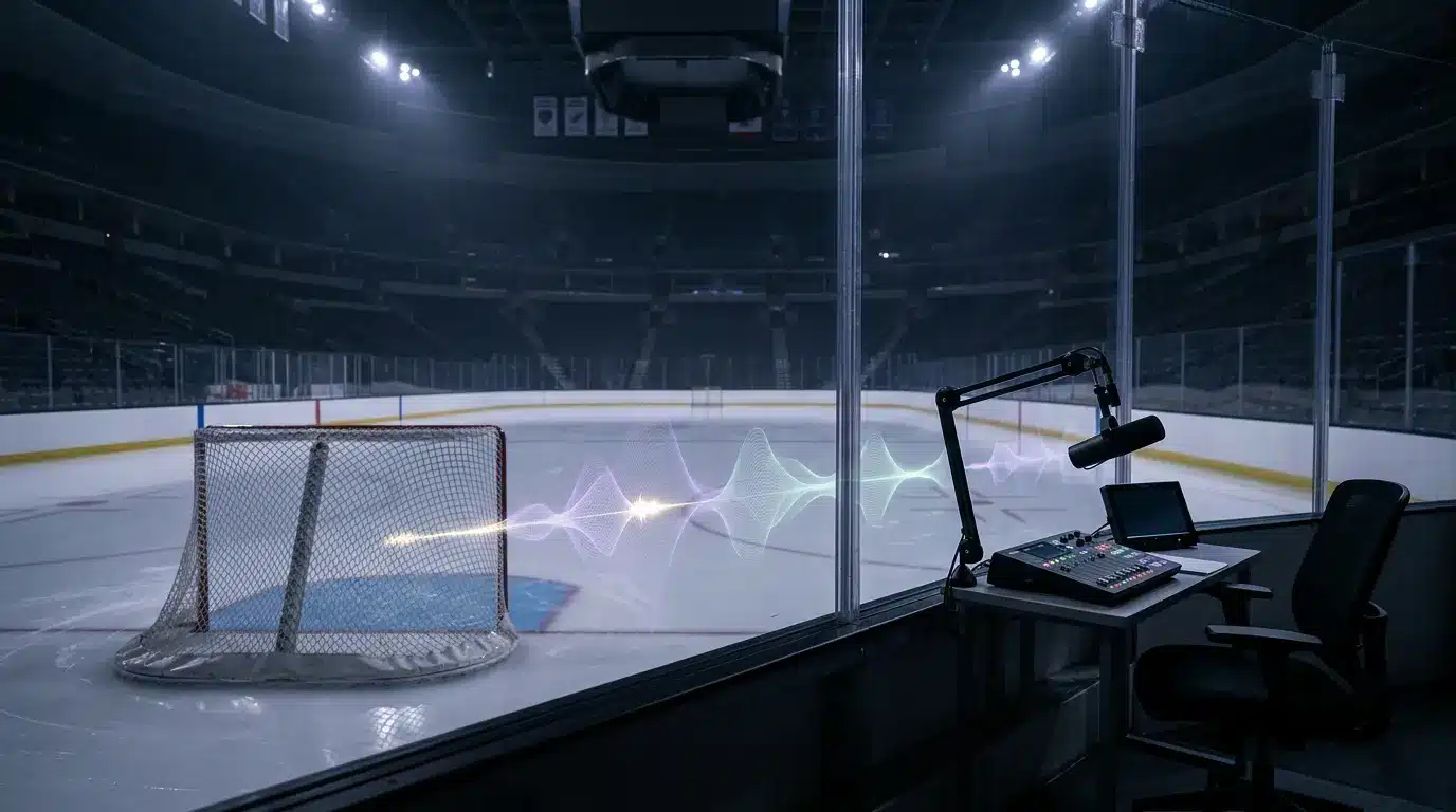 Dunkle Eishockeyarena mit Mikrofon und künstlicher Audio-Wellenform zur KI-Kommentierung in NHL 27