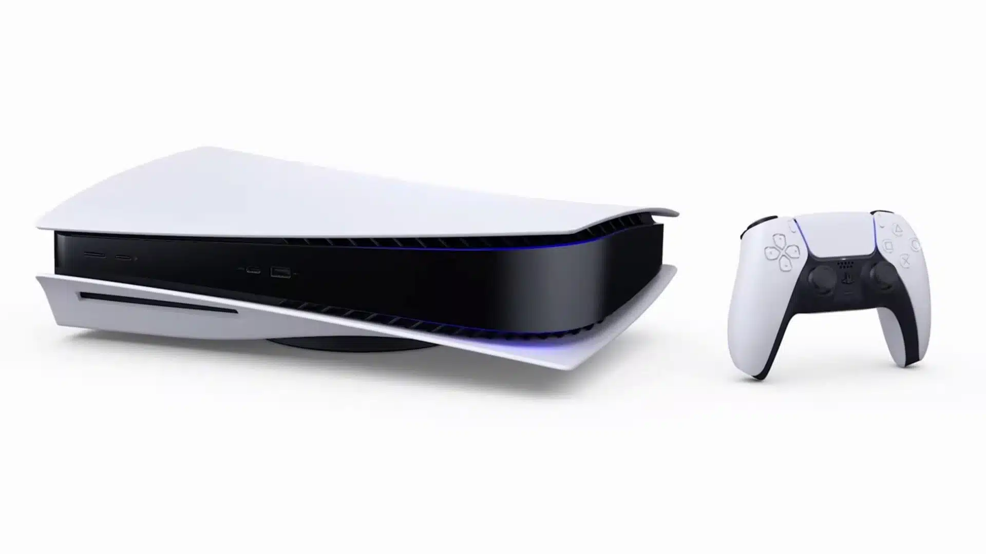 Eine PlayStation 5 Konsole und ein DualSense-Controller auf weißem Hintergrund.