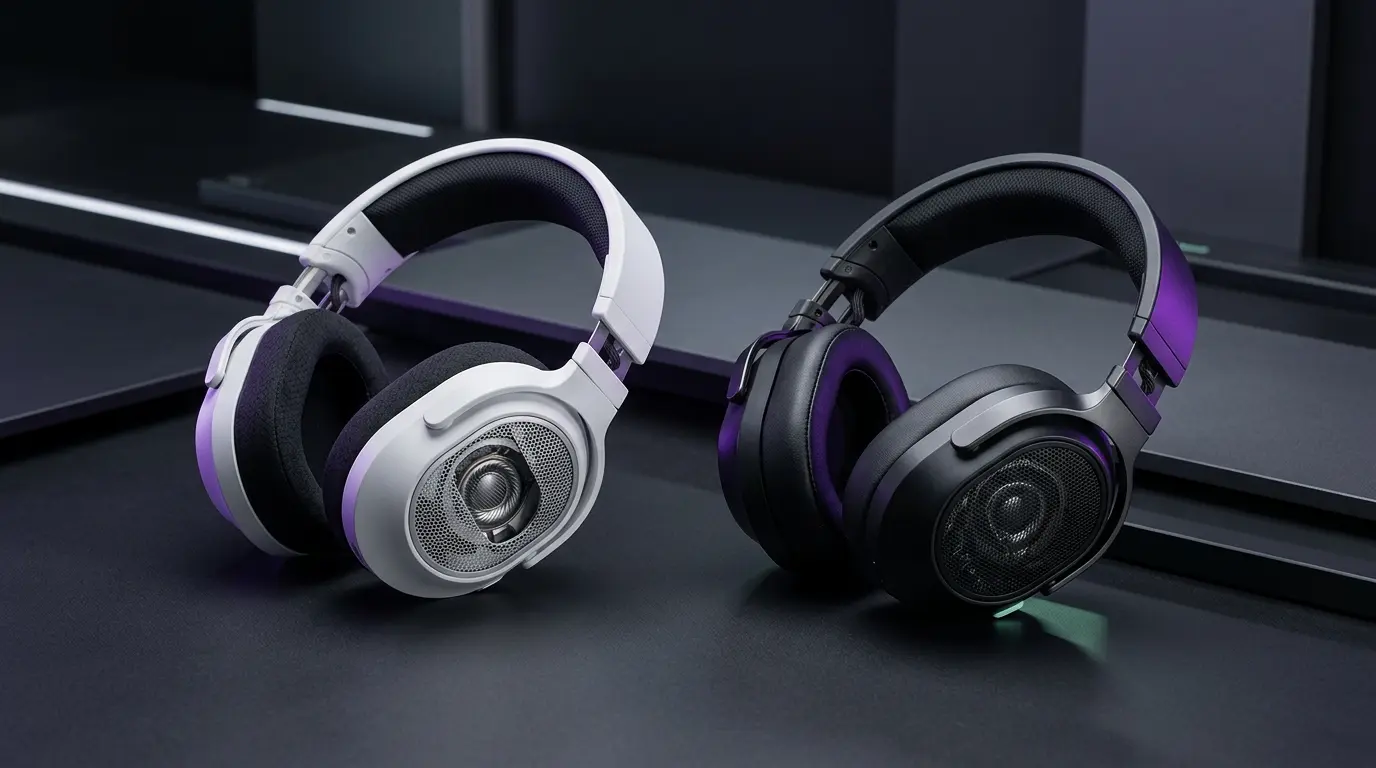 Zwei kabellose PS5-Gaming-Headsets in Weiß und Midnight Black mit violetter Studiobeleuchtung