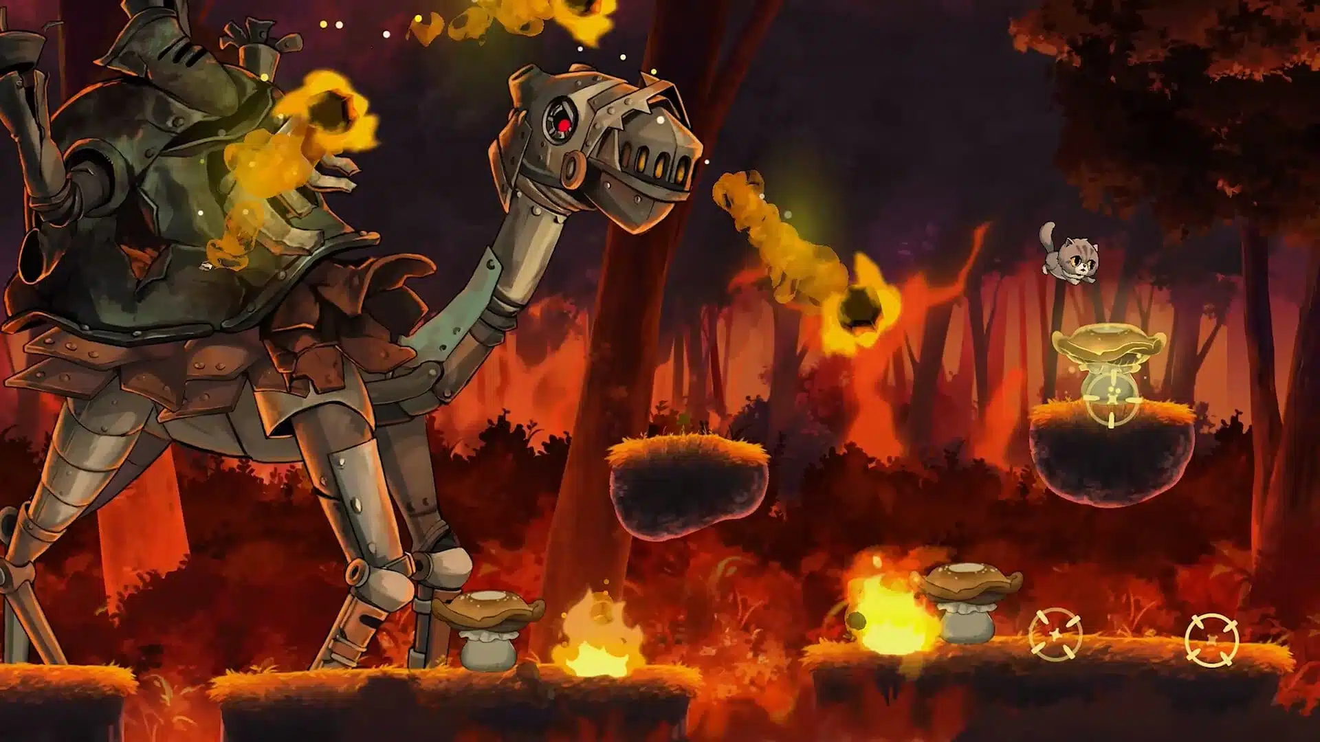 Ein Screenshot aus dem Spiel Princess of the Water Lilies mit einem mechanischen Dinosaurier in einer brennenden Waldlandscha