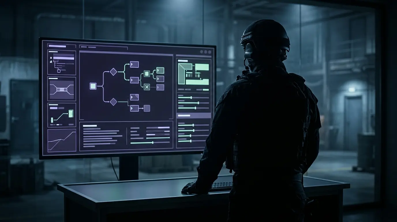SWAT operator planning a customizable tactical mission in a dark command room