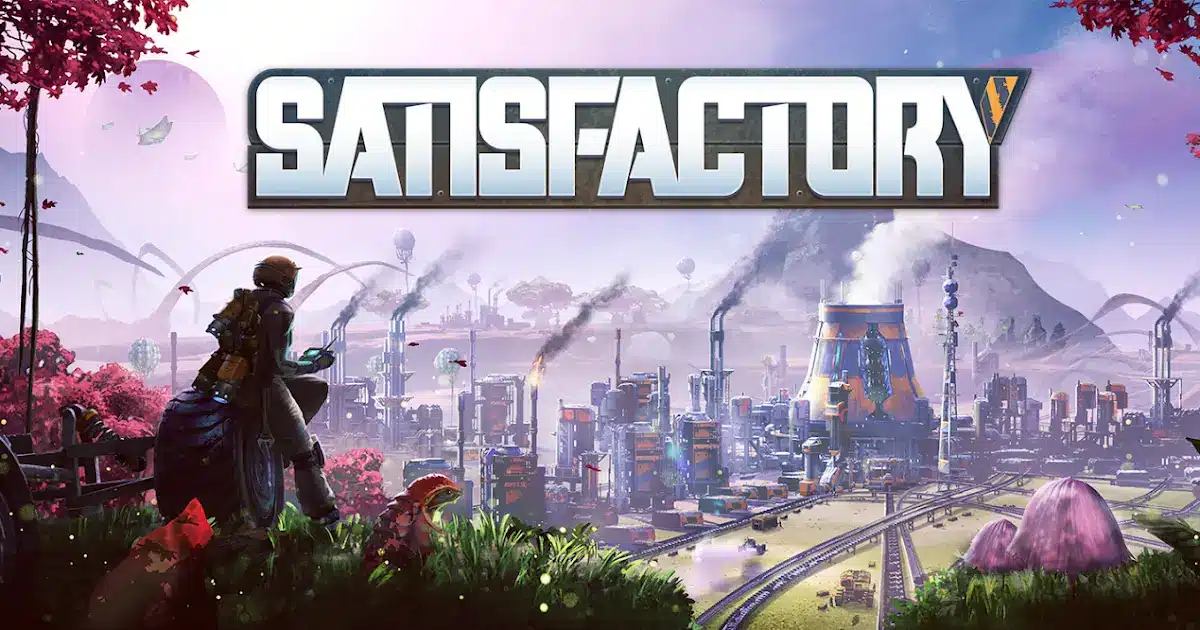 Ein Screenshot aus dem Spiel Satisfactory, der eine riesige Industrieanlage in einer fremden Landschaft zeigt.