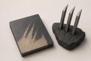 Stilisierte Metallkrallen und eine Spielhülle als Illustration der Wolverine-Rezensionen