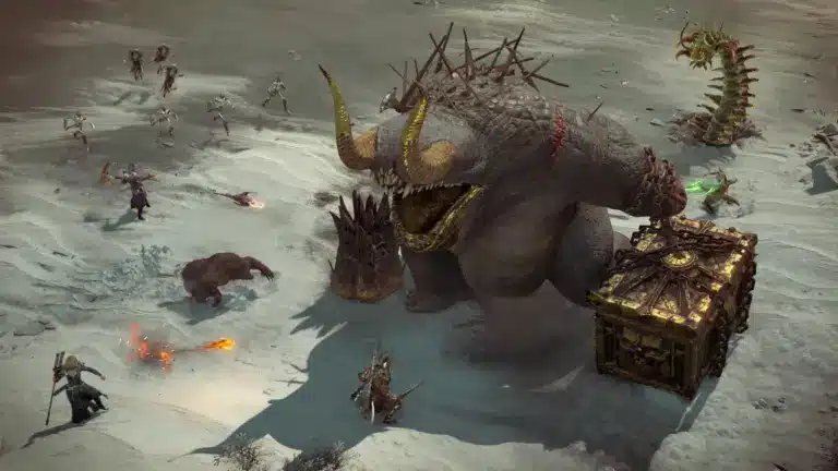 Ein Screenshot aus Diablo IV, der einen Kampf gegen ein großes, gehörntes Monster in einer verschneiten Landschaft zeigt.