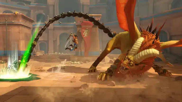 Ein Screenshot aus Prince of Persia: The Lost Crown, der Sargon im Kampf gegen ein riesiges Monster zeigt.