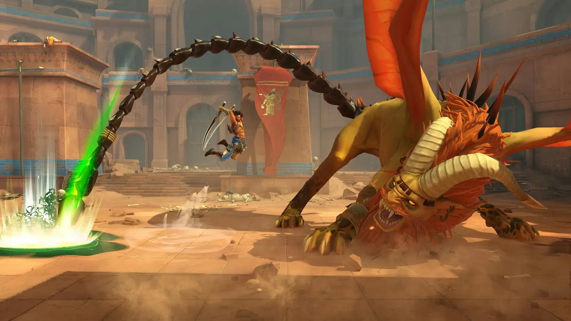 Ein Screenshot aus Prince of Persia: The Lost Crown, der Sargon im Kampf gegen ein riesiges Monster zeigt.