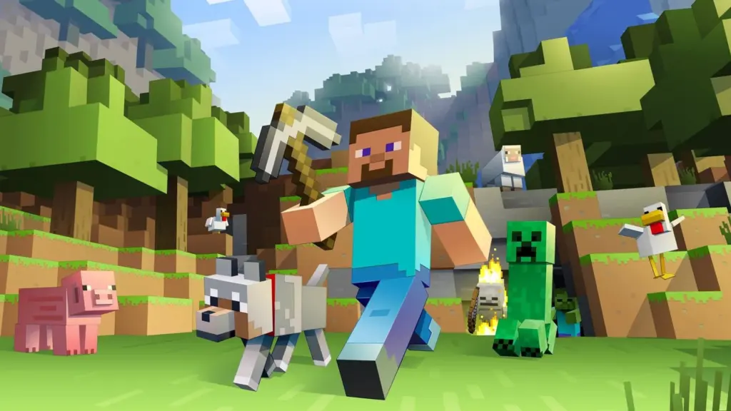 Offizielles Key Art von Minecraft mit Steve, einem Hund, einem Creeper und anderen Tieren in einer Blockwelt.