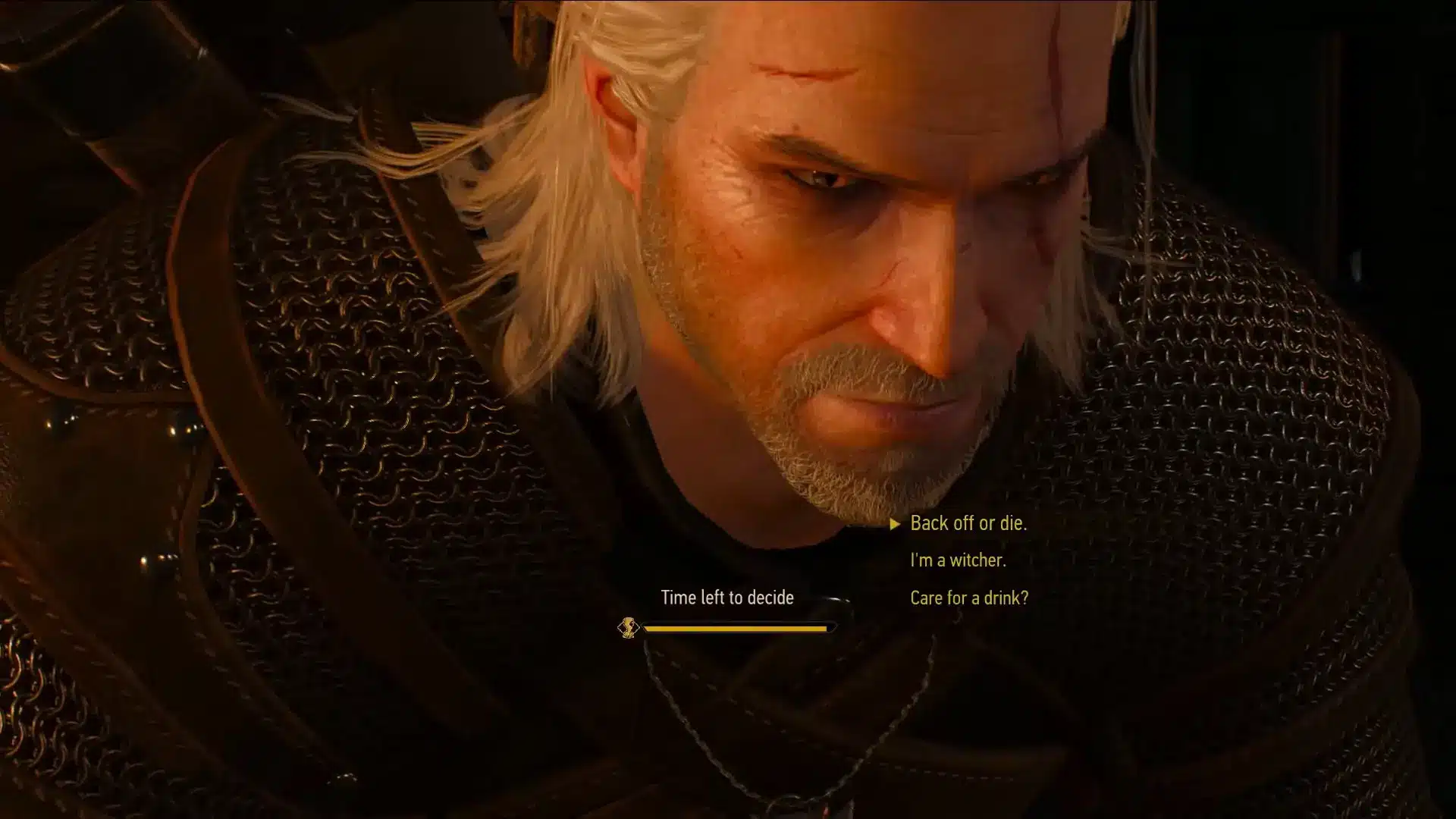 Ein Screenshot aus dem Spiel The Witcher 3: Wild Hunt, der ein Dialogmenü mit dem Charakter Geralt zeigt.