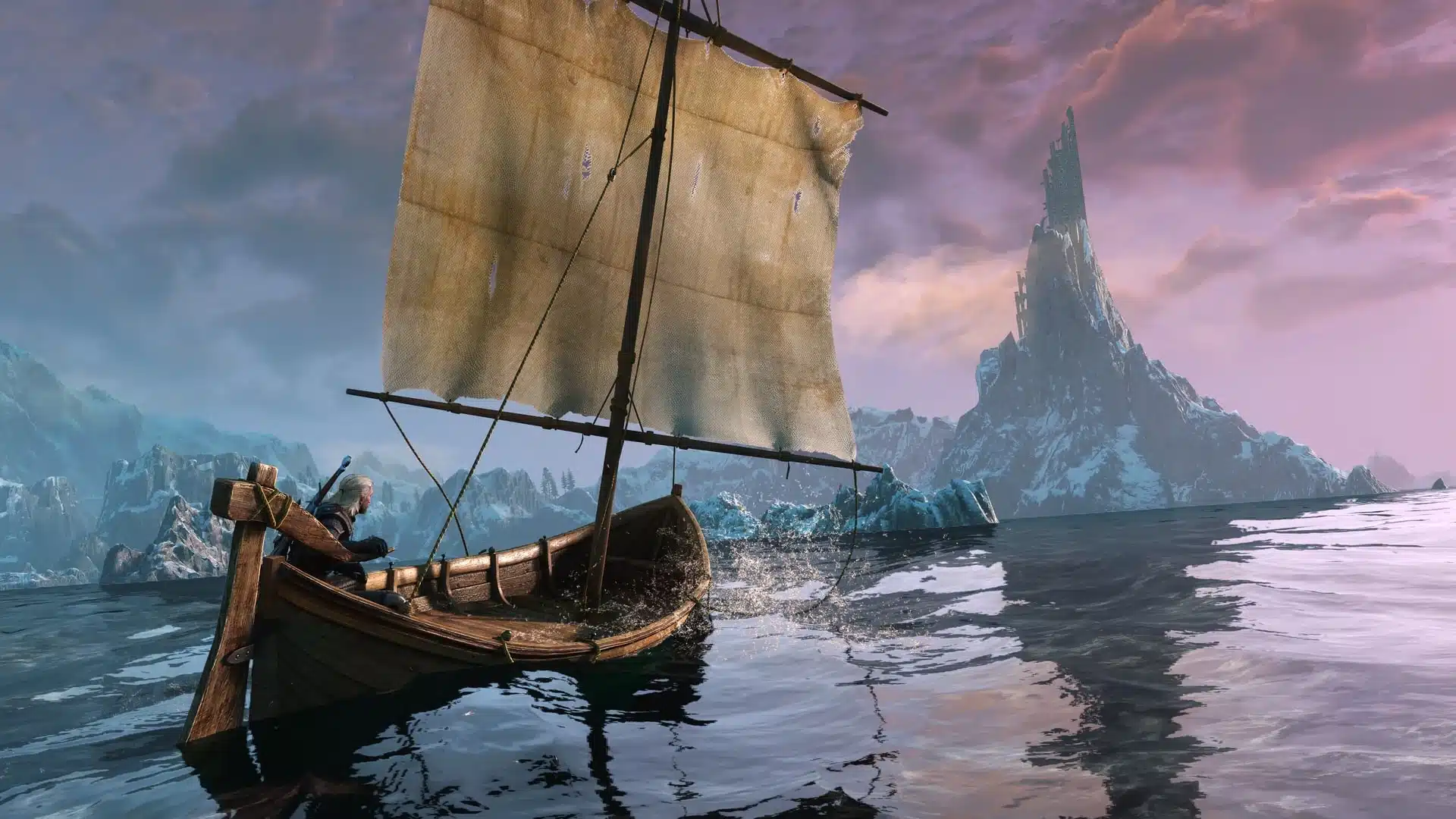 Geralt von Riva auf einem Boot in einer verschneiten Küstenlandschaft aus The Witcher 3: Wild Hunt.