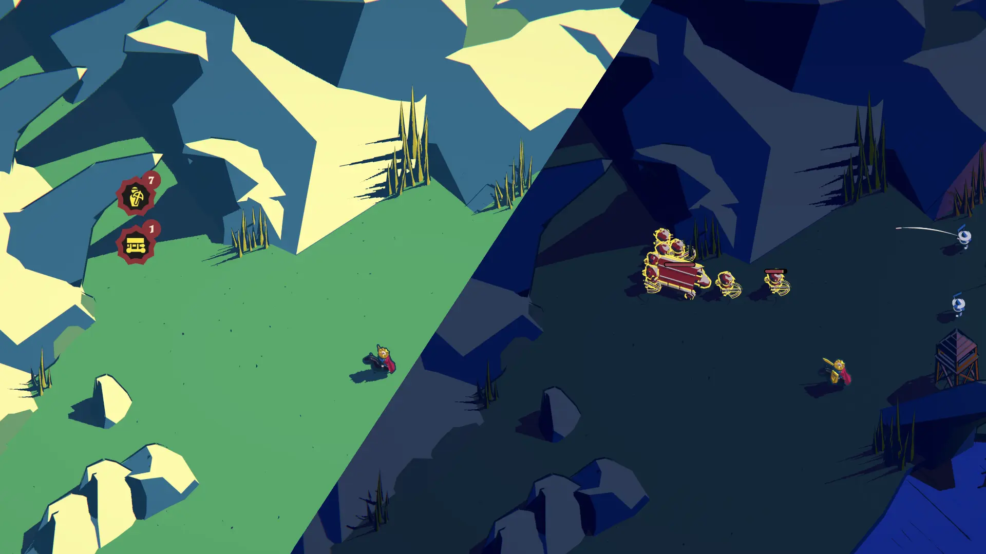 Ein Screenshot aus dem Spiel Thronefall, der eine stilisierte Landschaft mit einem Thron und einer Spielfigur zeigt.