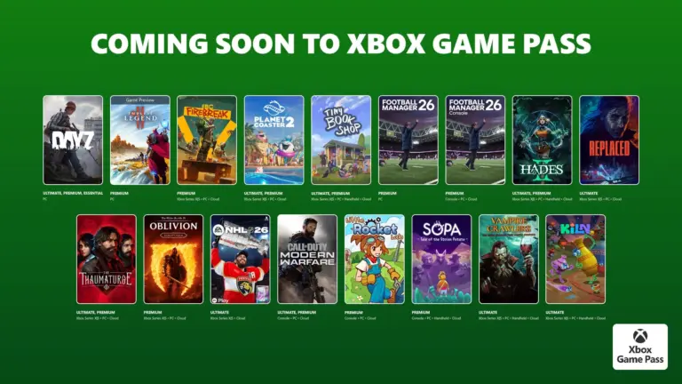 Ein grünes Banner mit der Aufschrift „COMING SOON TO XBOX GAME PASS“ und einer Auswahl an Spielcovern.