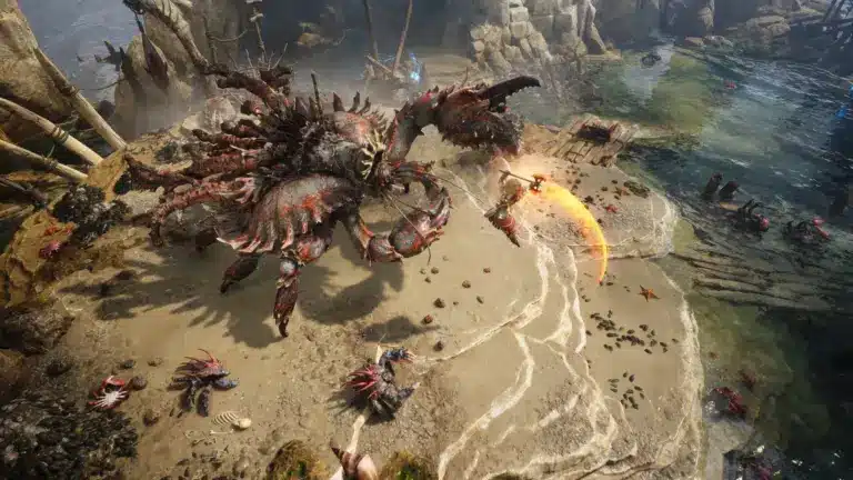 Ein Screenshot aus Titan Quest II, der einen Kampf zwischen einem Charakter und einer riesigen Krabbelkreatur zeigt.