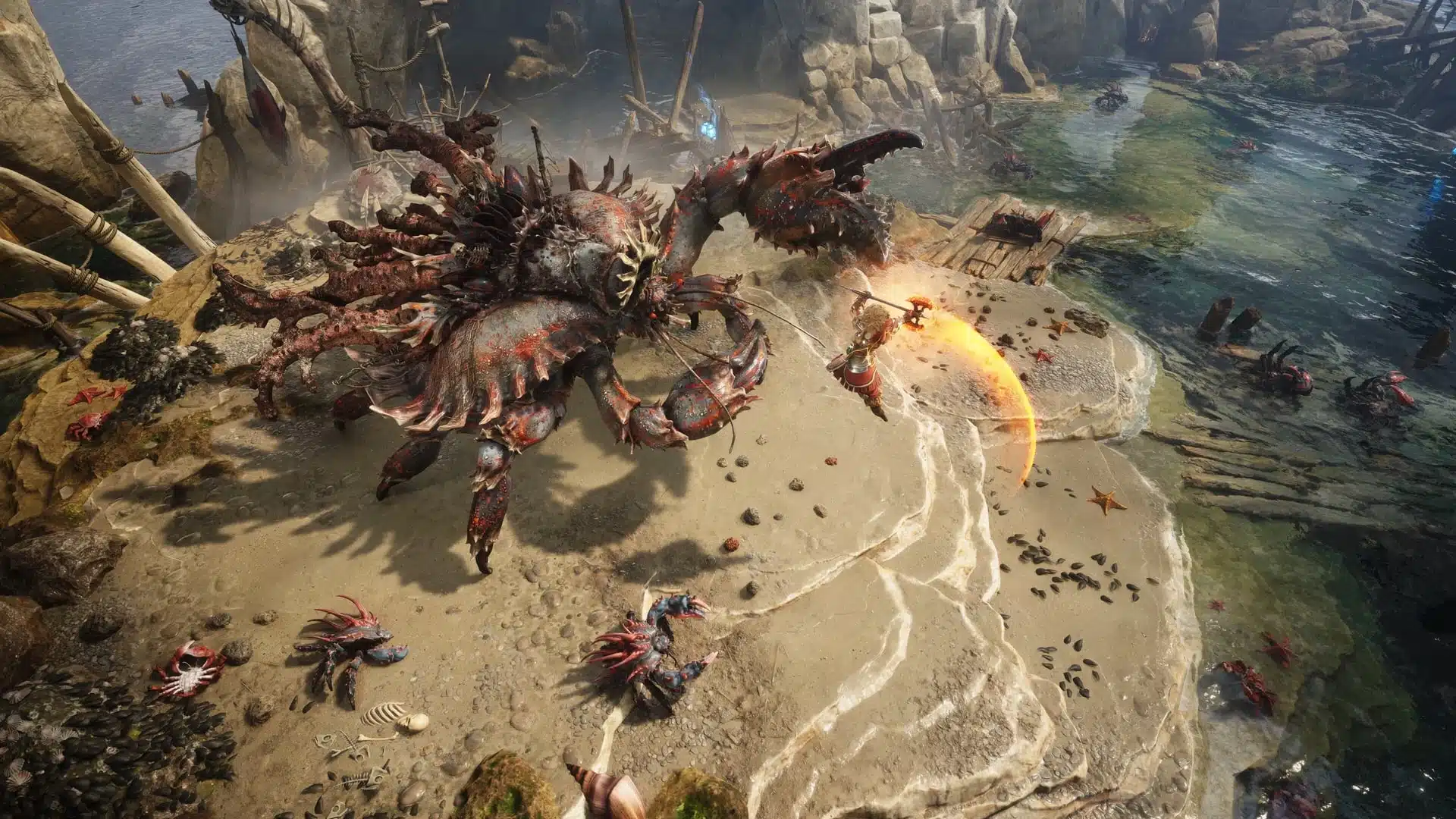 Ein Screenshot aus Titan Quest II, der einen Kampf zwischen einem Charakter und einer riesigen Krabbelkreatur zeigt.