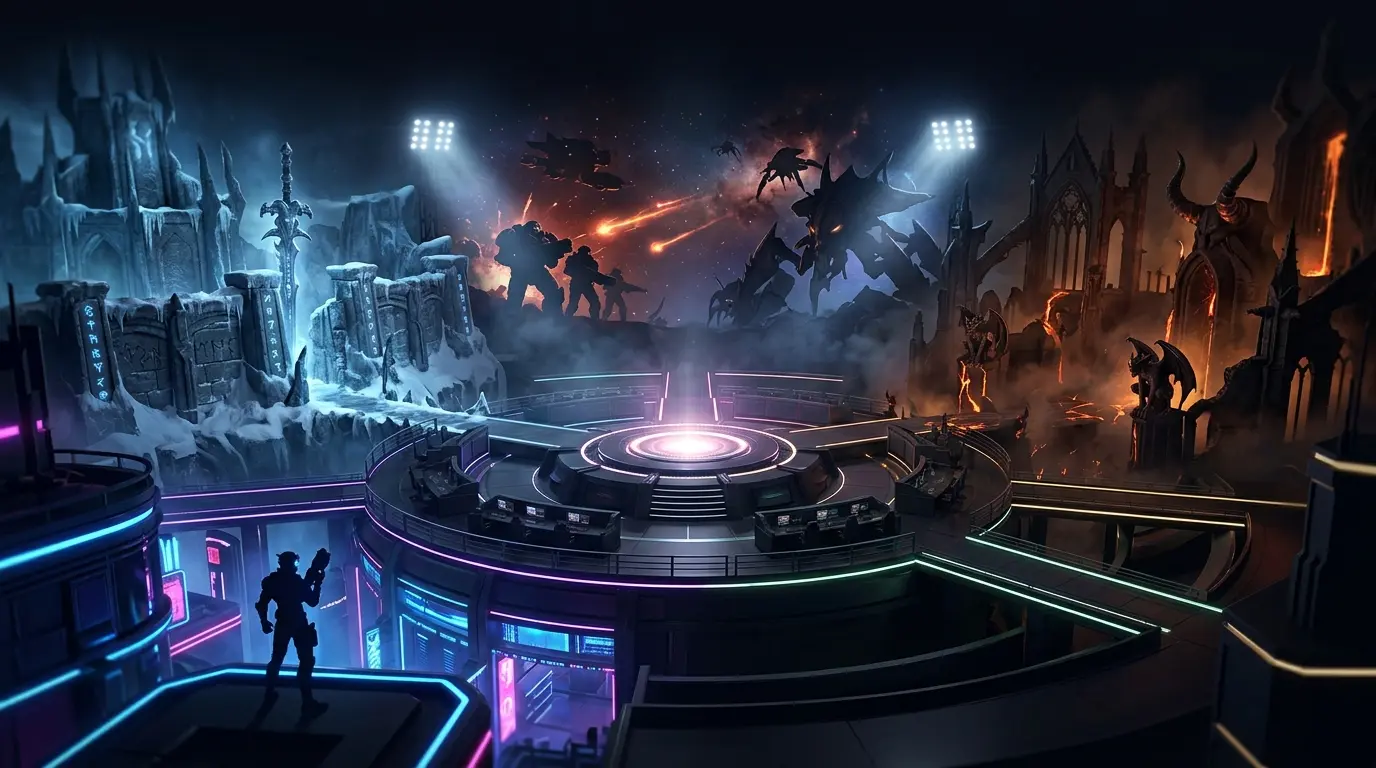 Cinematic Darstellung der vier Blizzard-Spielwelten bei der erwarteten BlizzCon 2026
