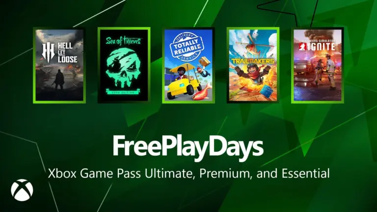Xbox Free Play Days Grafik mit verschiedenen Spielen und dem Xbox-Logo auf grünem Hintergrund.