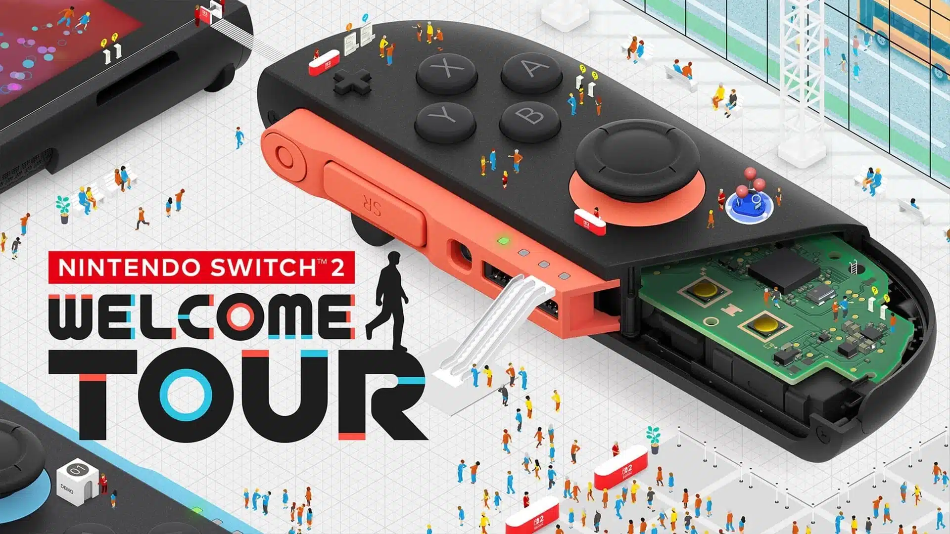 Offizielles Key-Art von Nintendo Switch 2 Welcome Tour mit einer stilisierten Konsole und kleinen Figuren.