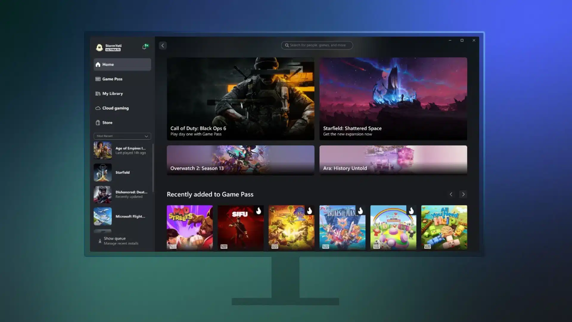 Die Benutzeroberfläche der Xbox-App auf Windows mit dem Game Pass-Bereich und verschiedenen Spielen.